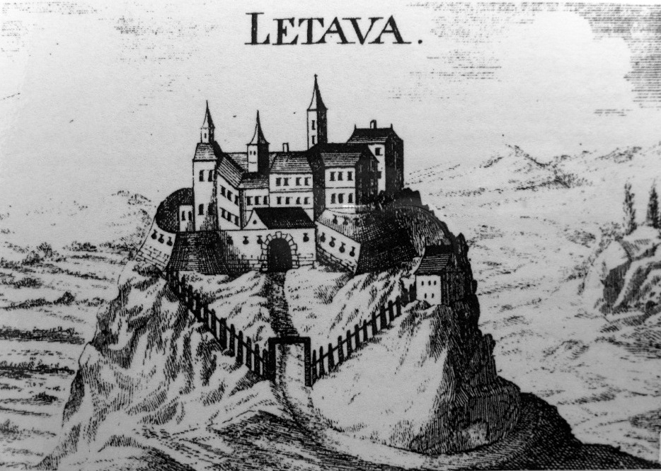 Lietavský hrad na medirytine z 2. polovice 17. storočia, ešte so strechami a vežami